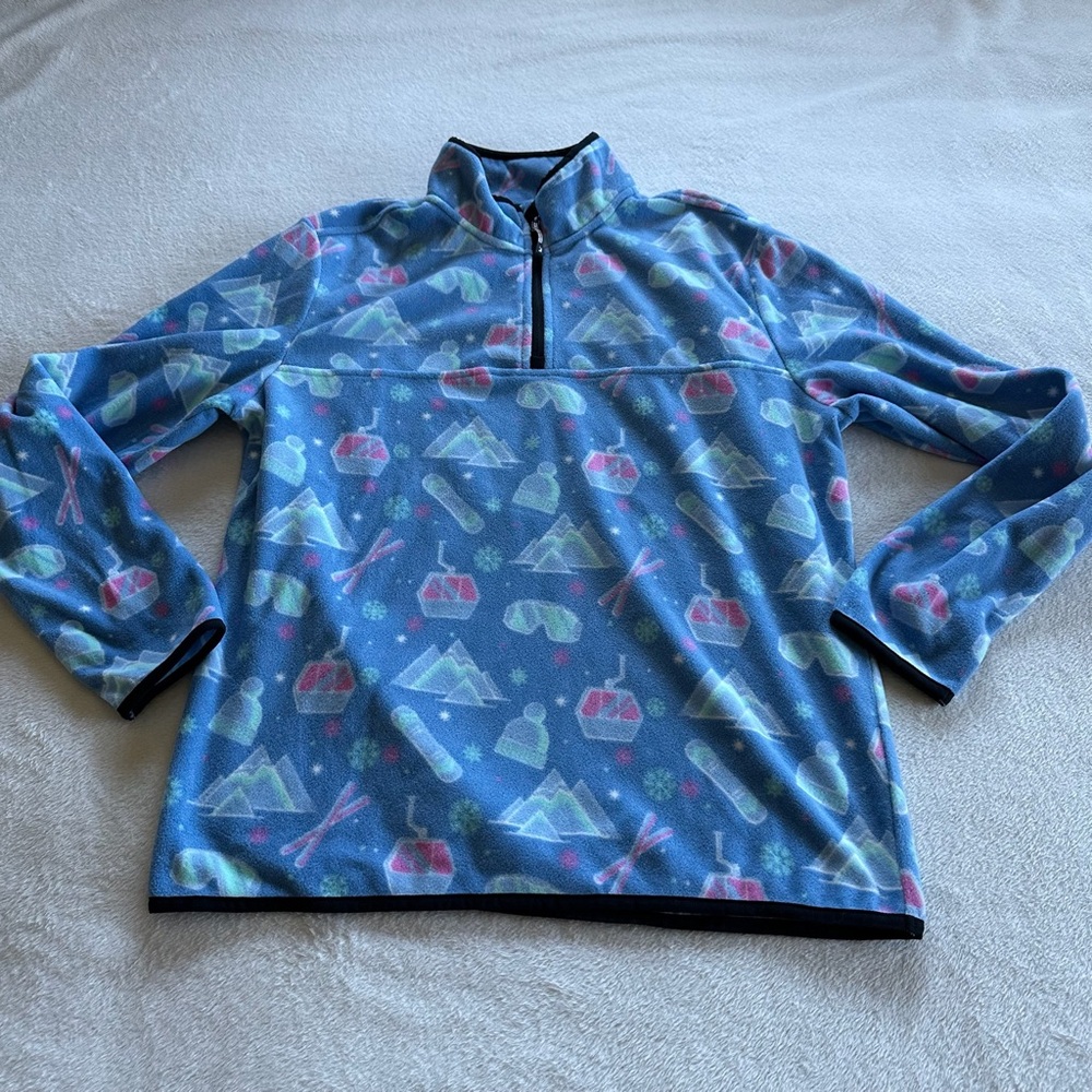 Women's Blue and Pink Ski Print Fleece 1/4 Zip Pullover